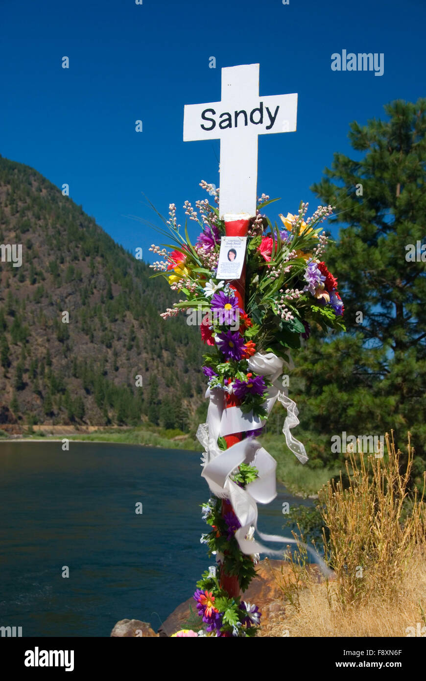 Montana American Legion White Cross Highway Fatality Marker, St Regis-Paradise Scenic Byway, Lolo National Forest, Montana Stock Photo