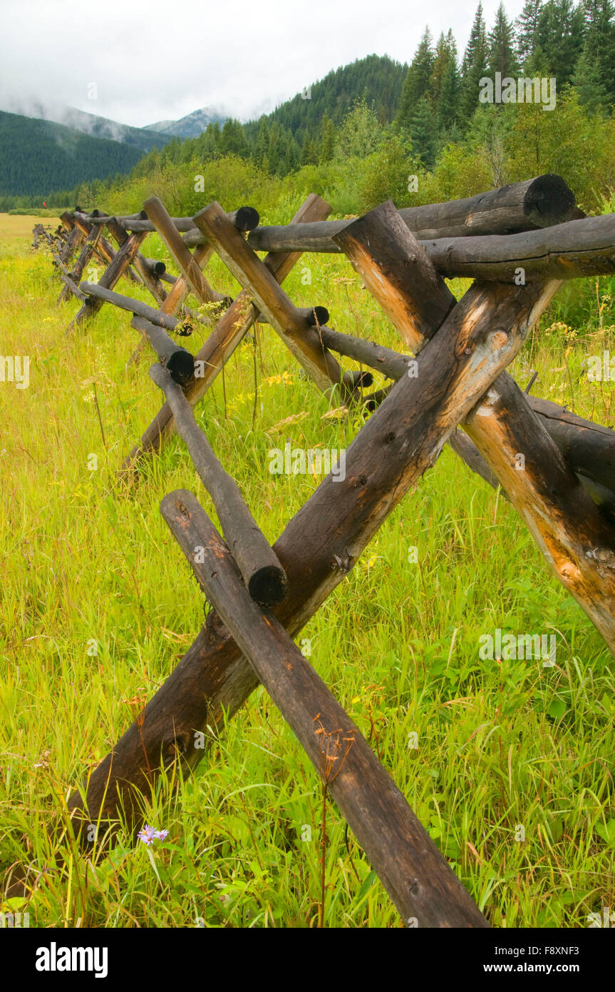 Pole fence at Schafer Meadow, Great Bear Wilderness, Flathead National Forest, Montana Stock Photo