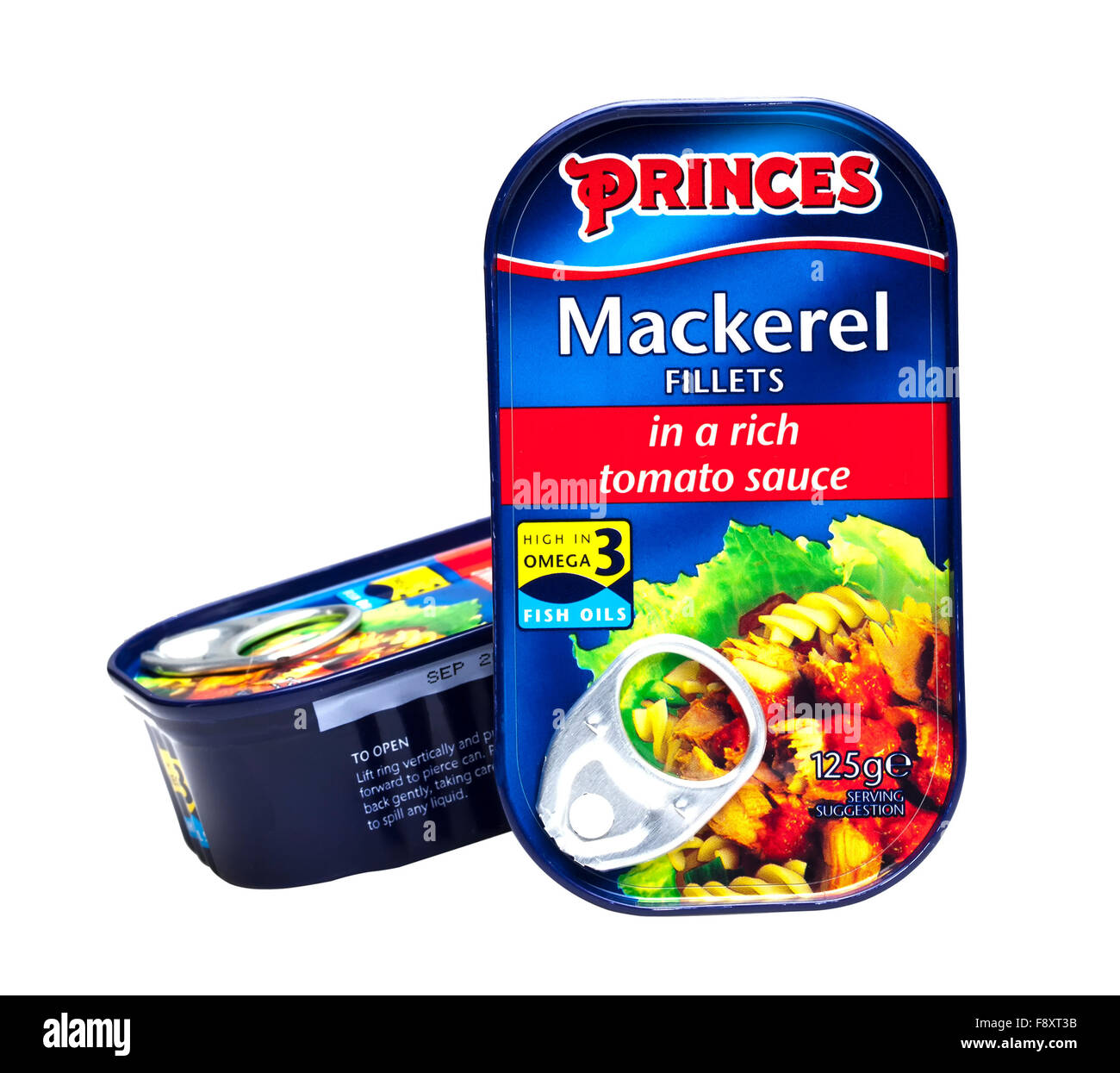 Tin of Princes Mackerel fillets in a rich Tomato Sauce on a white background Stock Photo