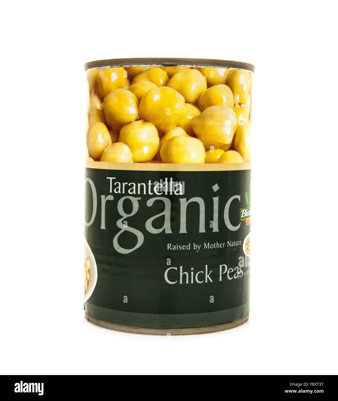 Tin of Tarantella Organic Chickpeas on a white background Stock Photo