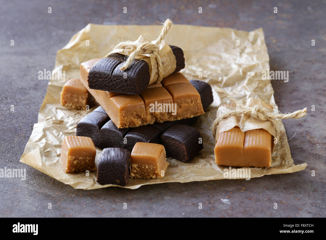 homemade dessert candy caramel and chocolate toffee Stock Photo