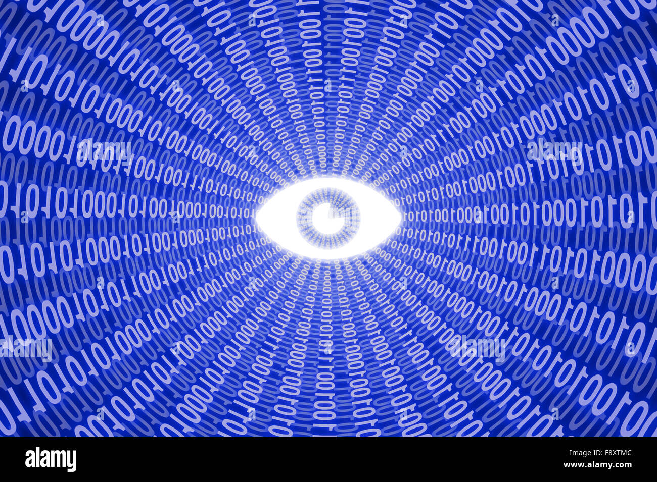 White digital eye in blue data stream Stock Photo