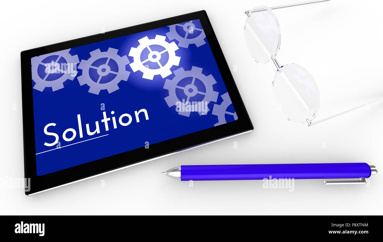 Solution concept on tablet with glasses and pen Stock Photo
