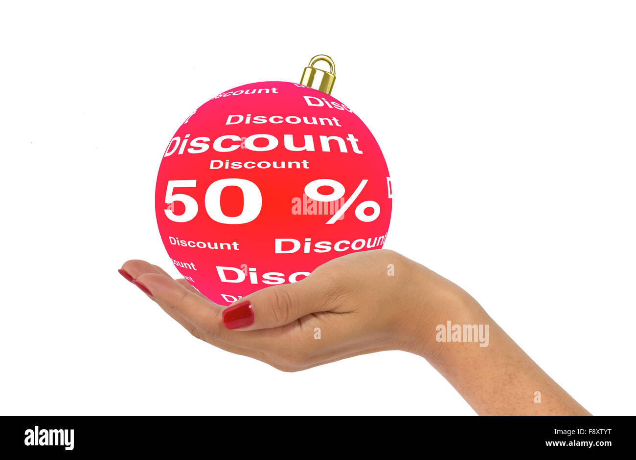 Woman's hand holds 50 percent discount bauble Stock Photo