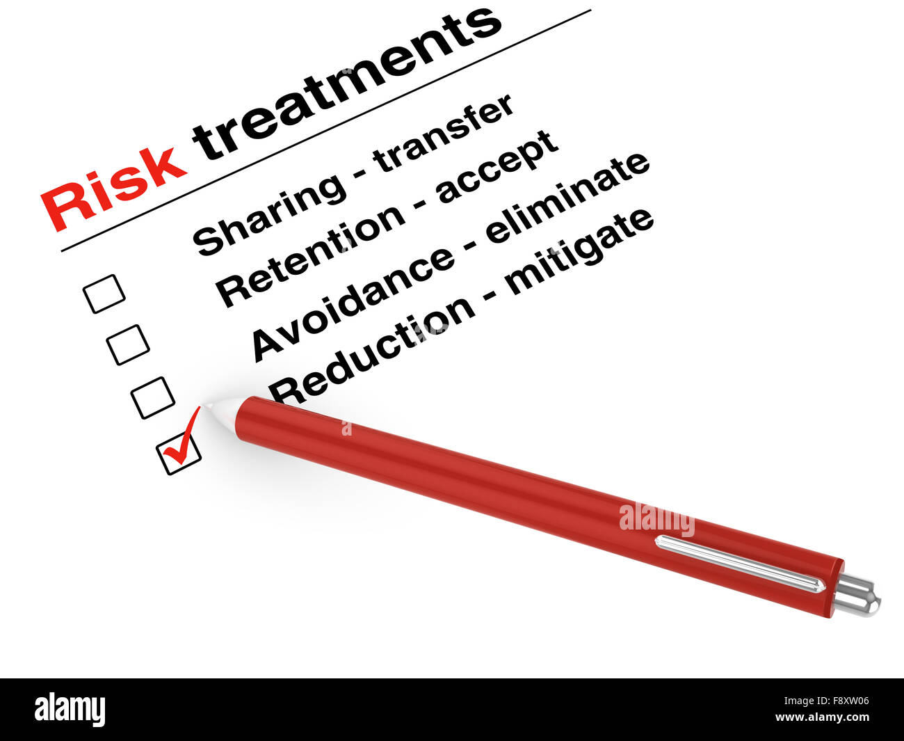 Risk treatment checklist and a pen on white background Stock Photo