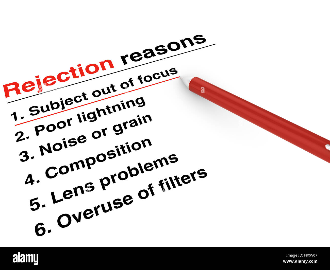 Rejection reasons checklist and red pen on white Stock Photo