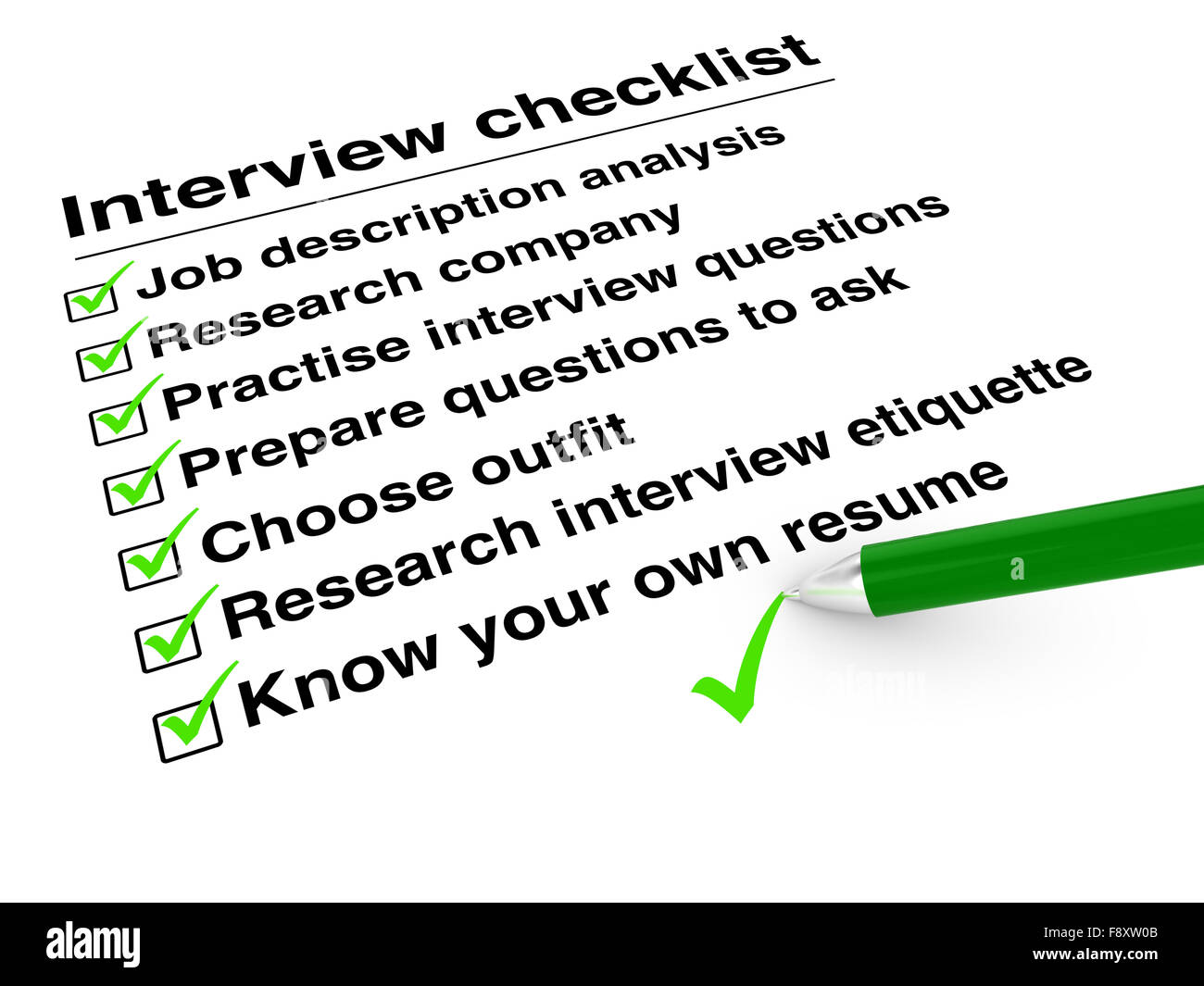 Job interview checklist illustration on white with a green pen Stock Photo