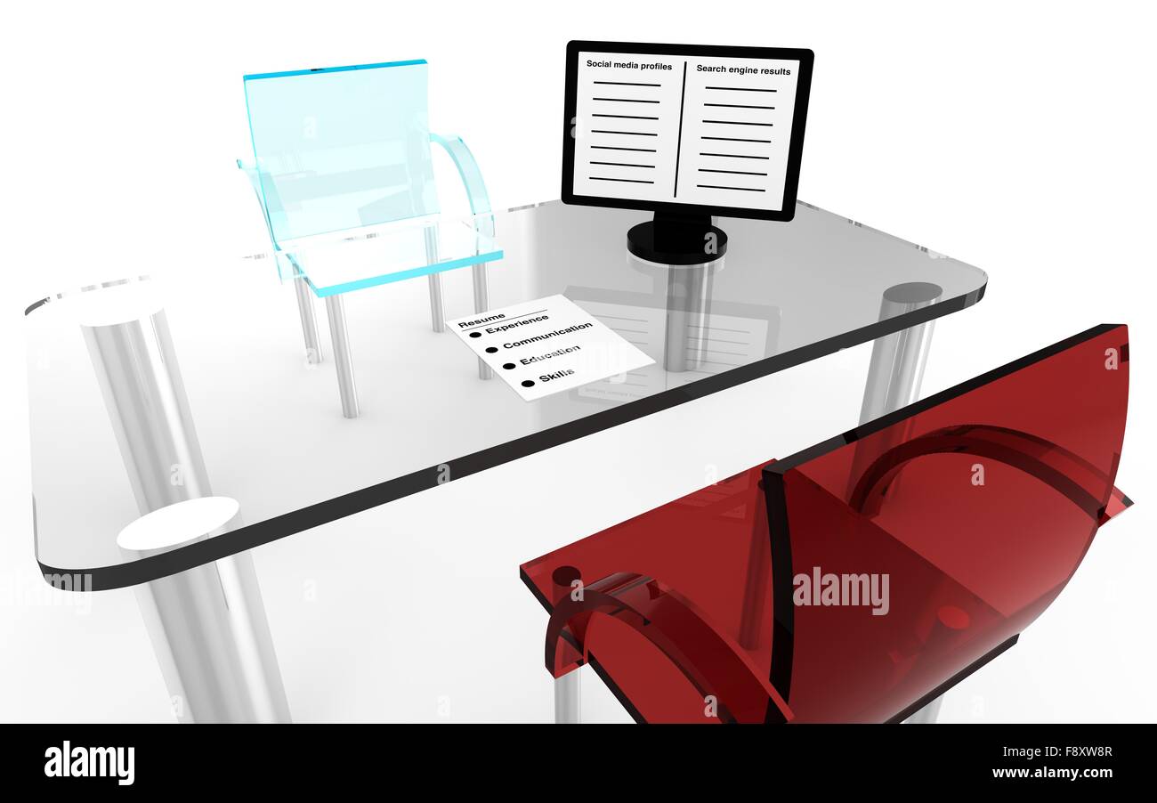Job interview desk with resume and computer screen with social media and search profile Stock Photo