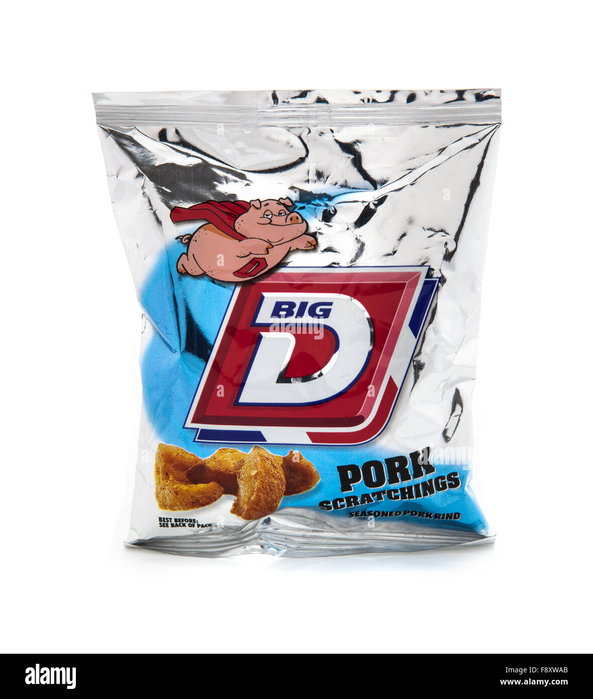 Packet of Big D Pork Scratchings on a white background Stock Photo