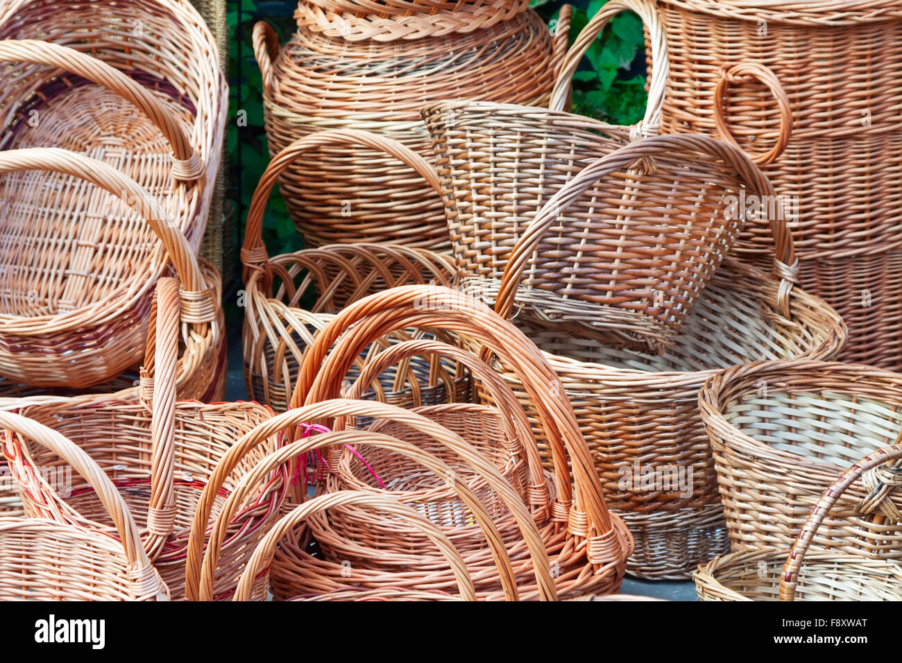 twiggen baskets for sale  at outdoor market Stock Photo