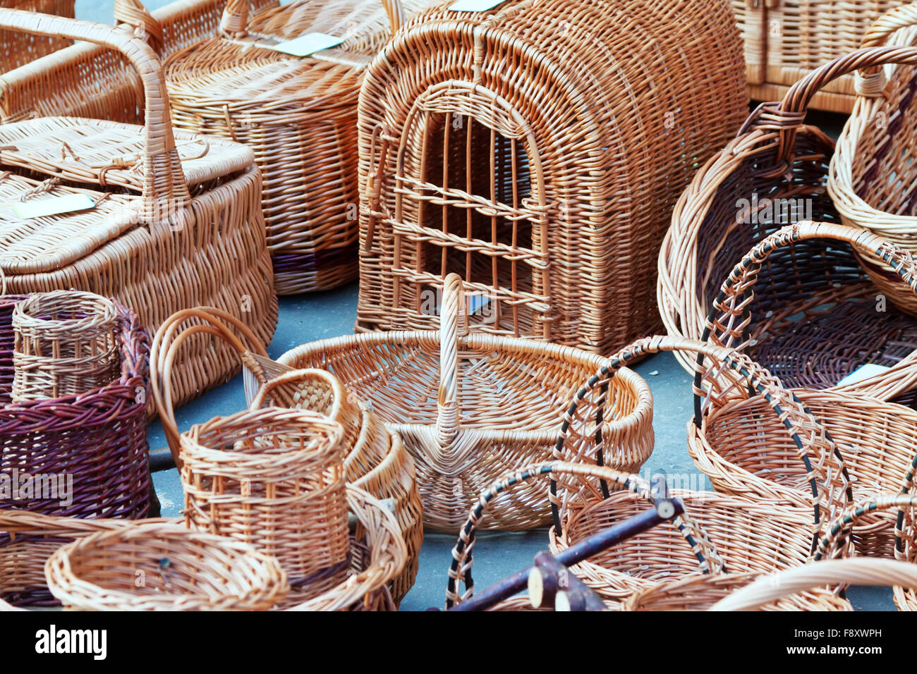 wicker baskets for sale at  market Stock Photo