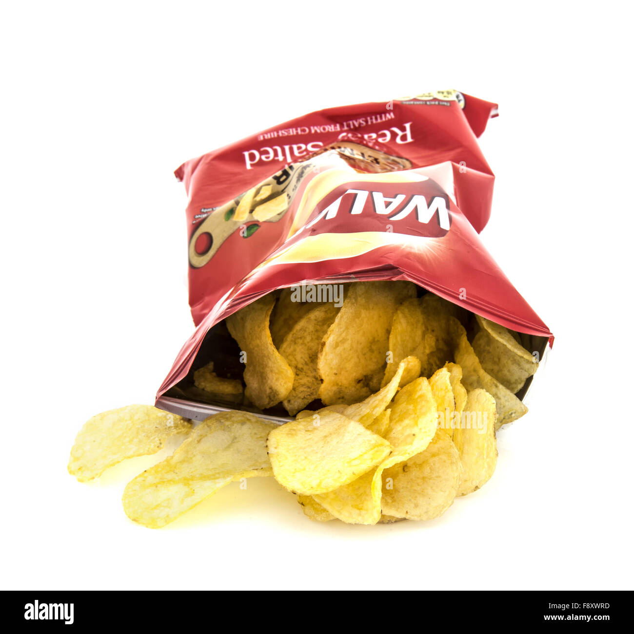 Packet of Walkers ready salted crisps on a white background Stock Photo