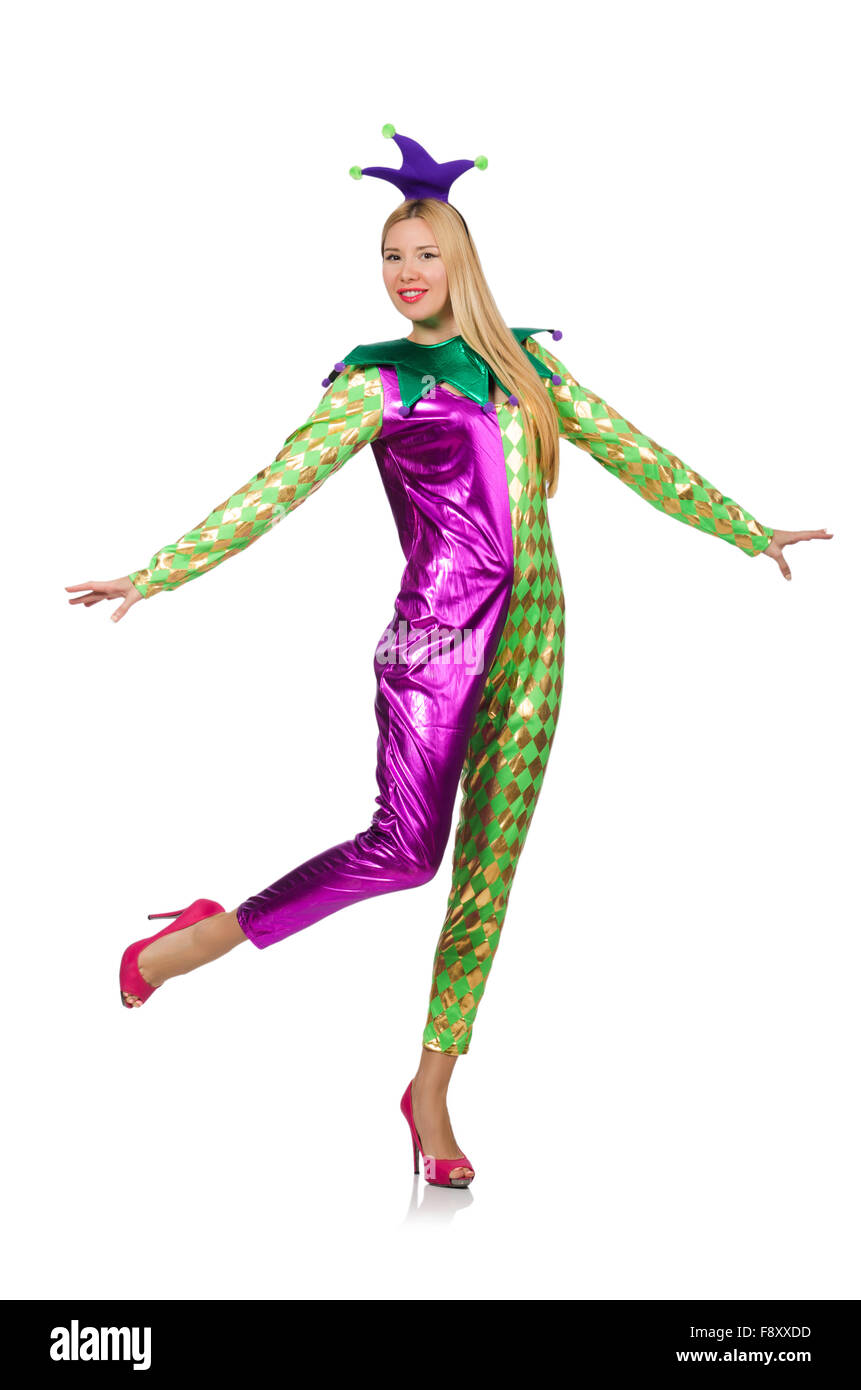 Woman wearing clown costume isolated on white Stock Photo - Alamy