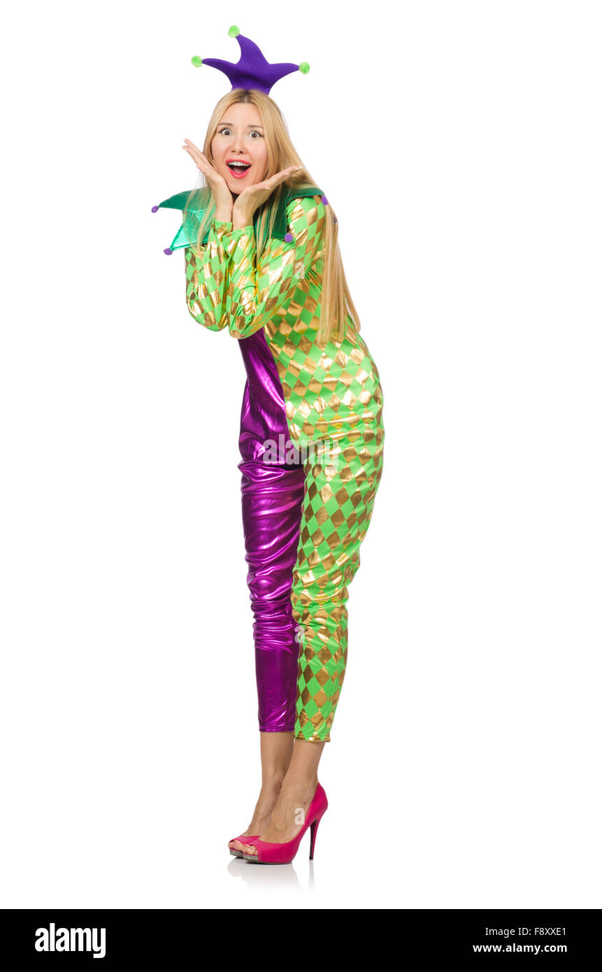 Woman wearing clown costume isolated on white Stock Photo - Alamy