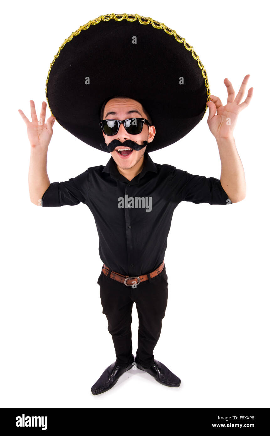 Funny man wearing mexican sombrero hat 