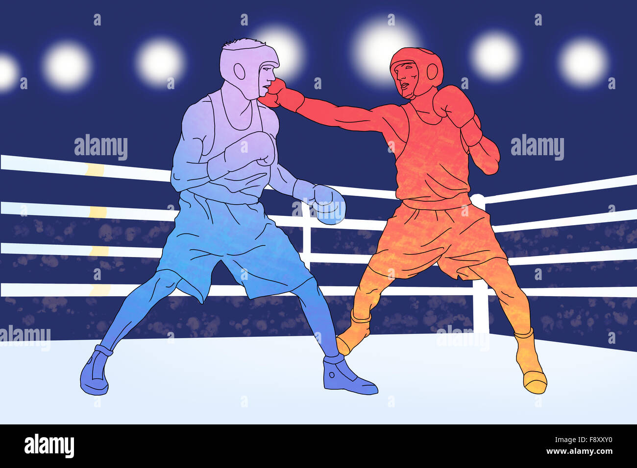Red and blue boxers on blue background. Sport episode Stock Photo Alamy
