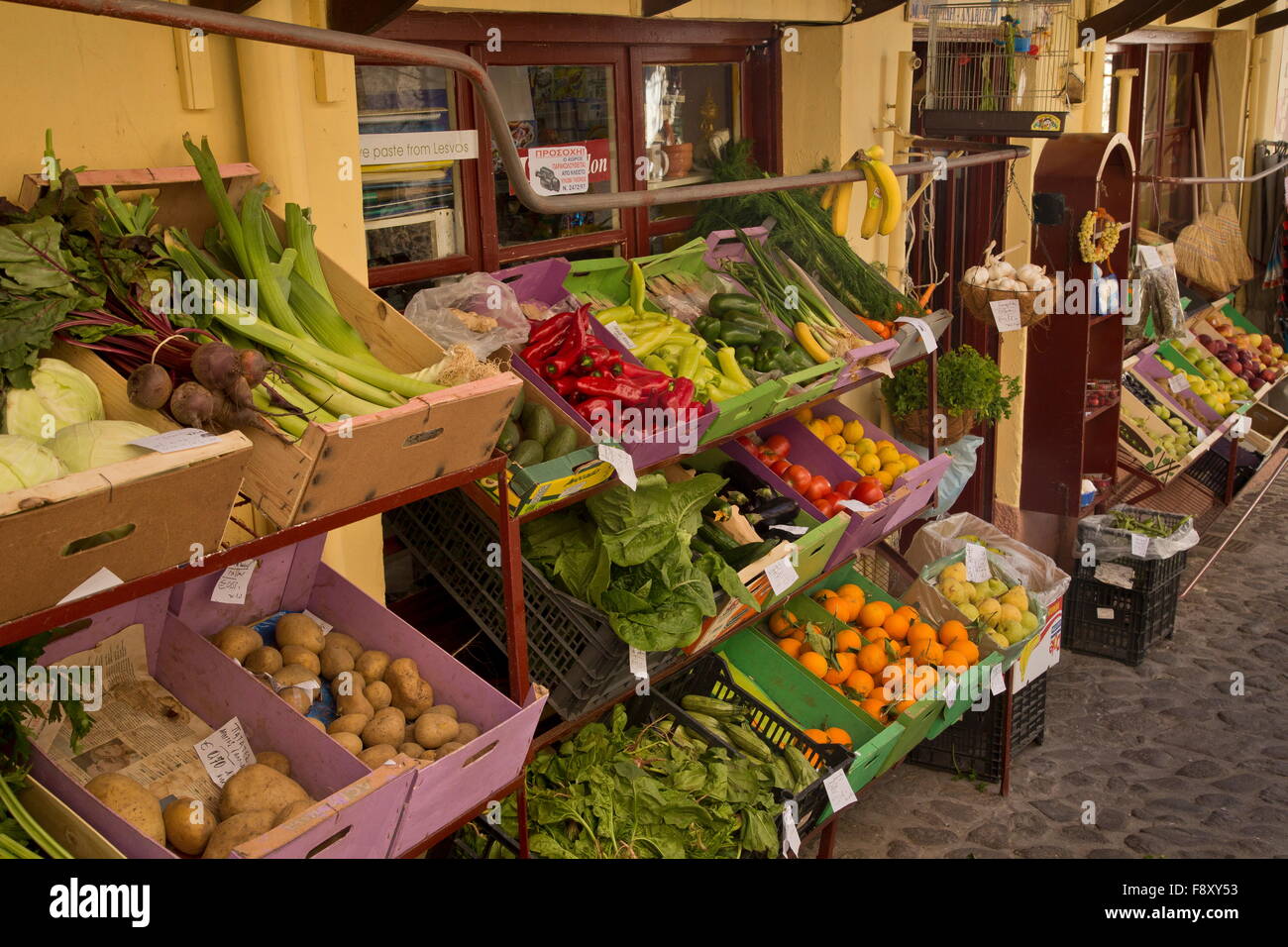 Street fruit and vegetable market in old Mithymna or Molyvos, Lesvos, Greece Stock Photo