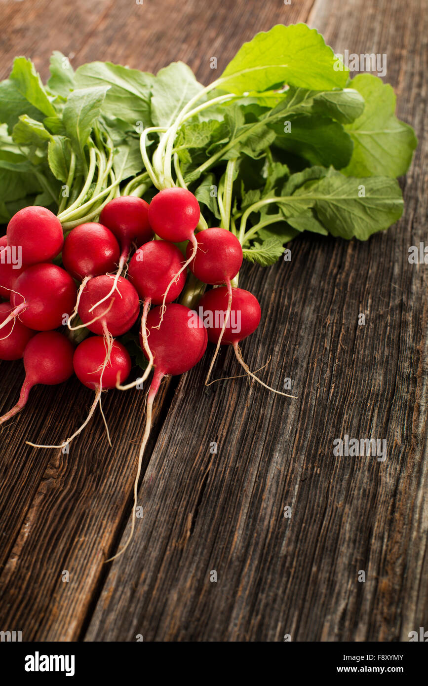Fresh red radish on a wooden background close up. Stock Photo