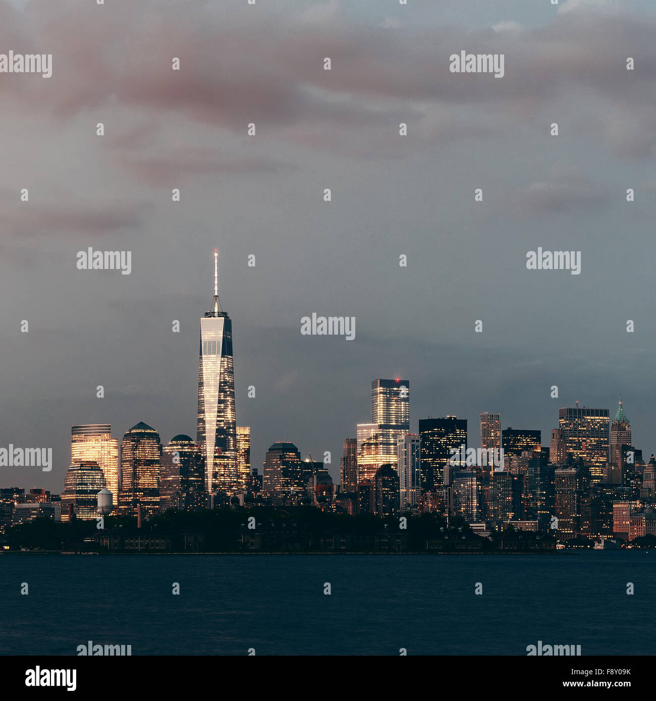 New York City downtown skyline panorama at dusk Stock Photo - Alamy