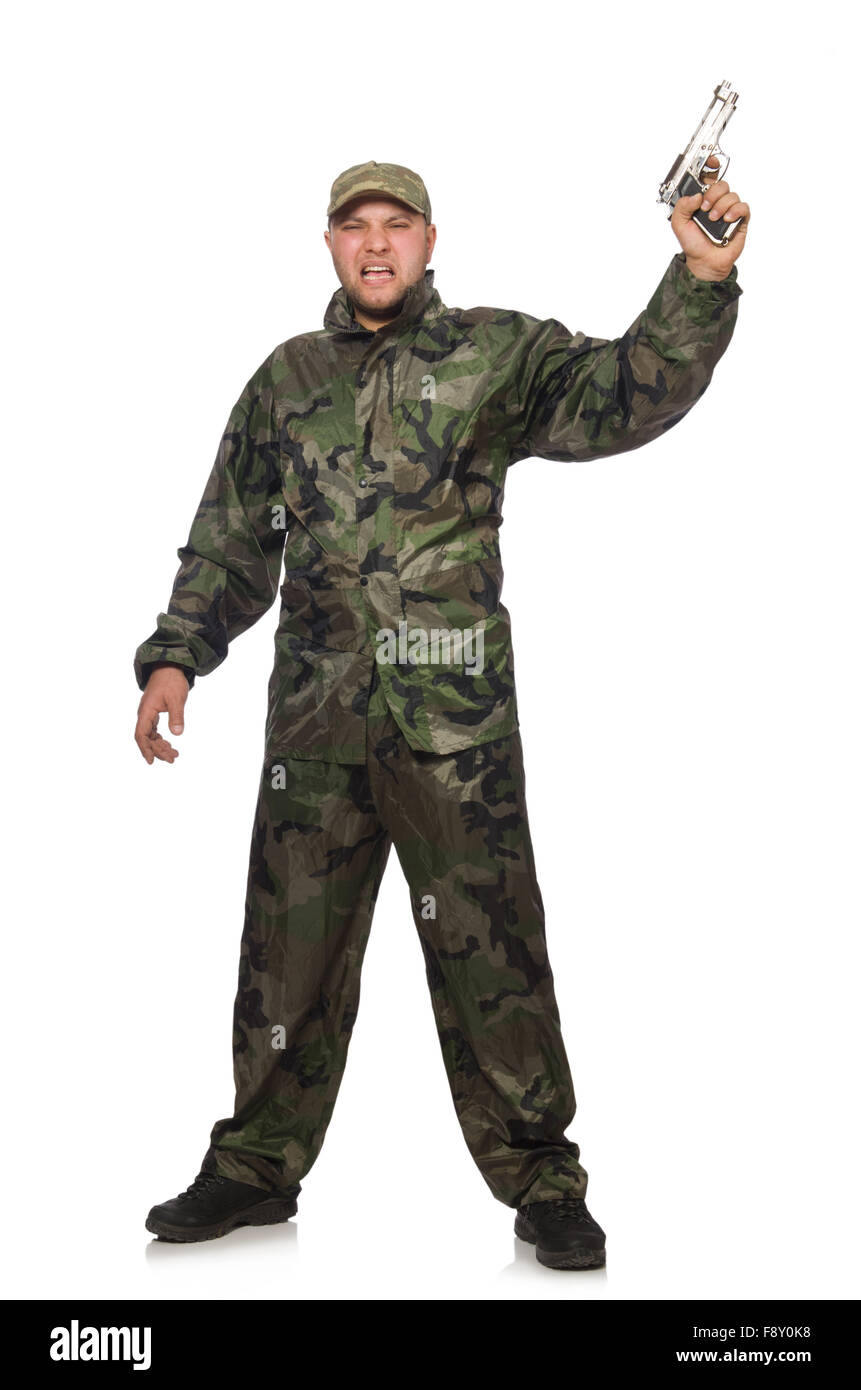 Young man in soldier uniform holding gun isolated on white Stock Photo ...