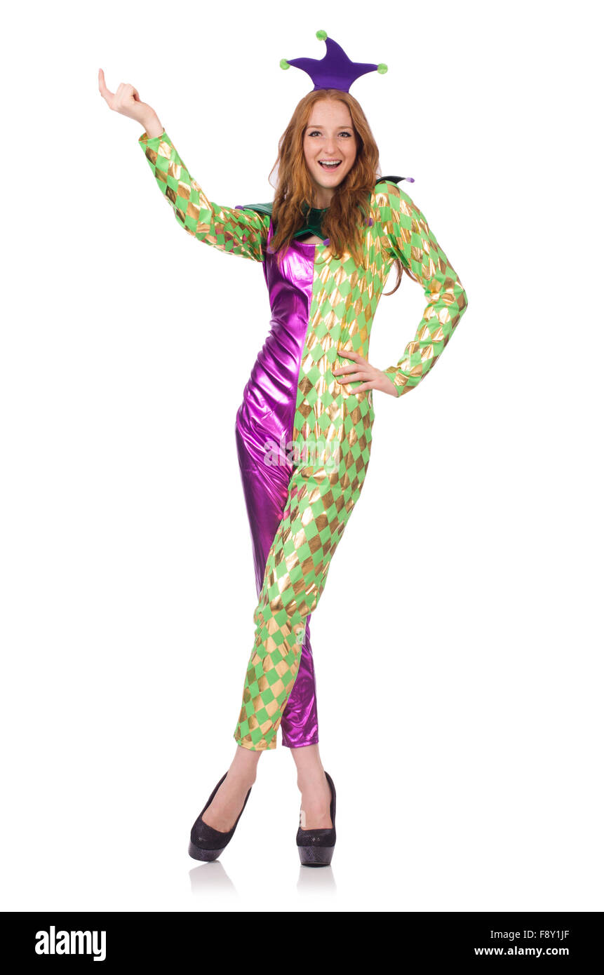 Woman wearing clown costume isolated on white Stock Photo - Alamy