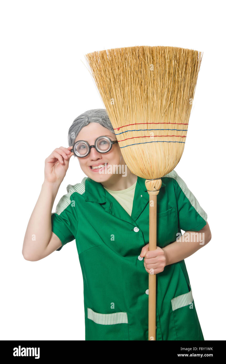 Woman with sweeping brush isolated on white Stock Photo Alamy