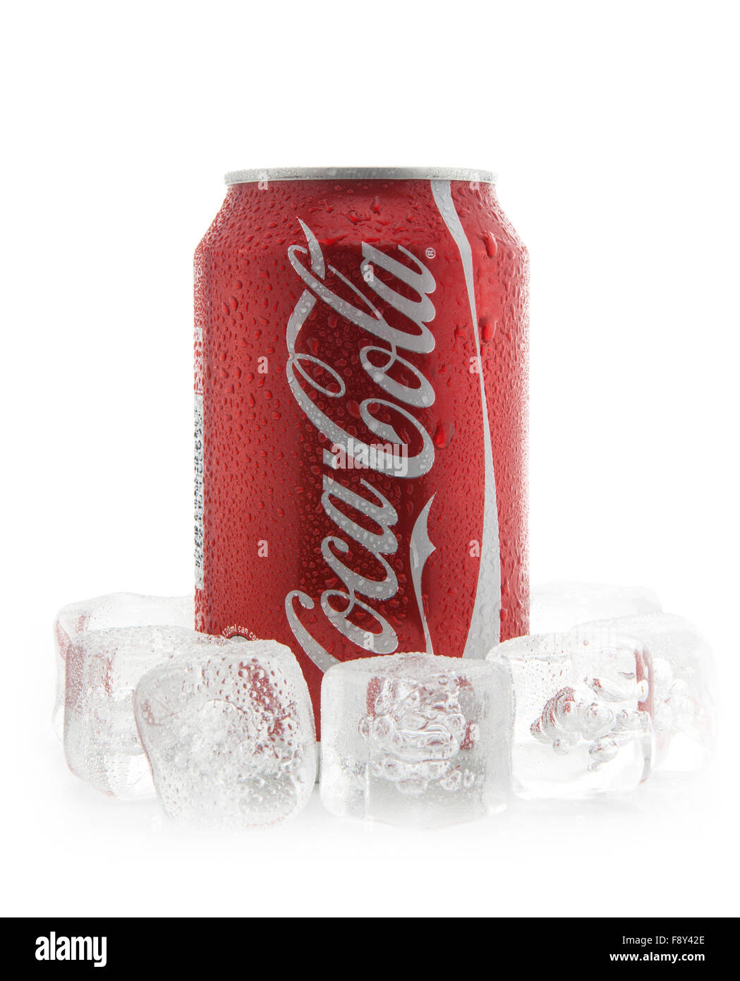 Can of Coca-Cola on ice over a white background Stock Photo