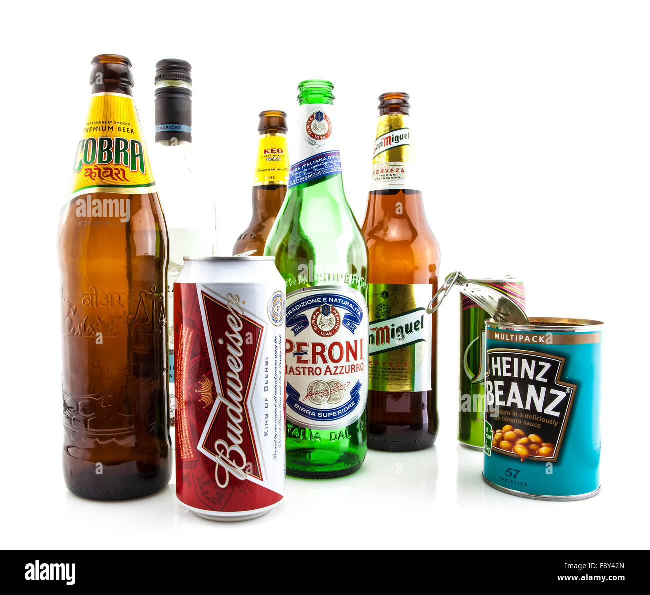 Collection of empty cans and bottles on a white background Stock Photo