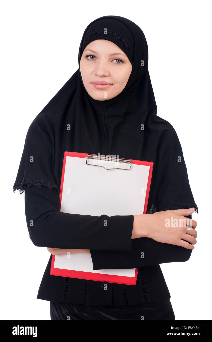 Woman with blank page on white