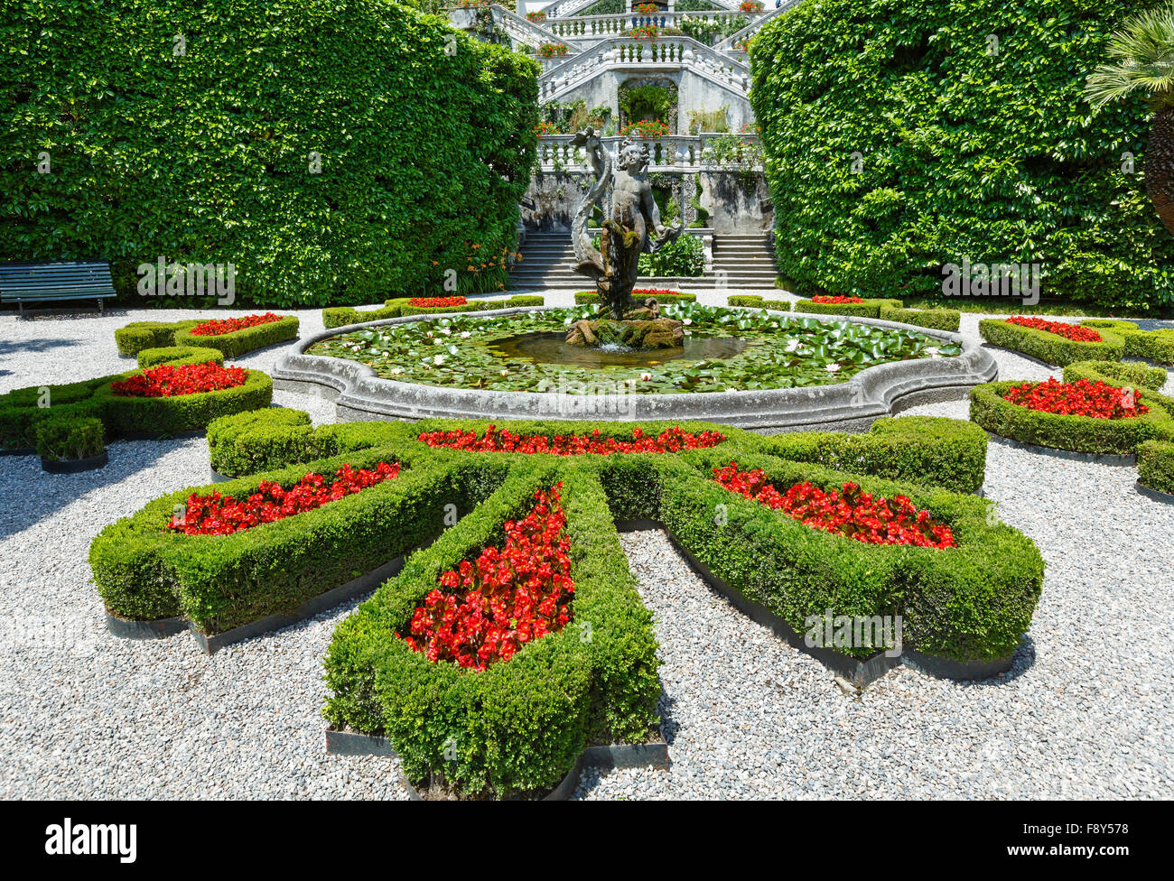Magnificent park with fountain, statue, flower beds. Villa Carlotta, Italy, Tremezzo, Lake Como.  Built in 1690. Stock Photo