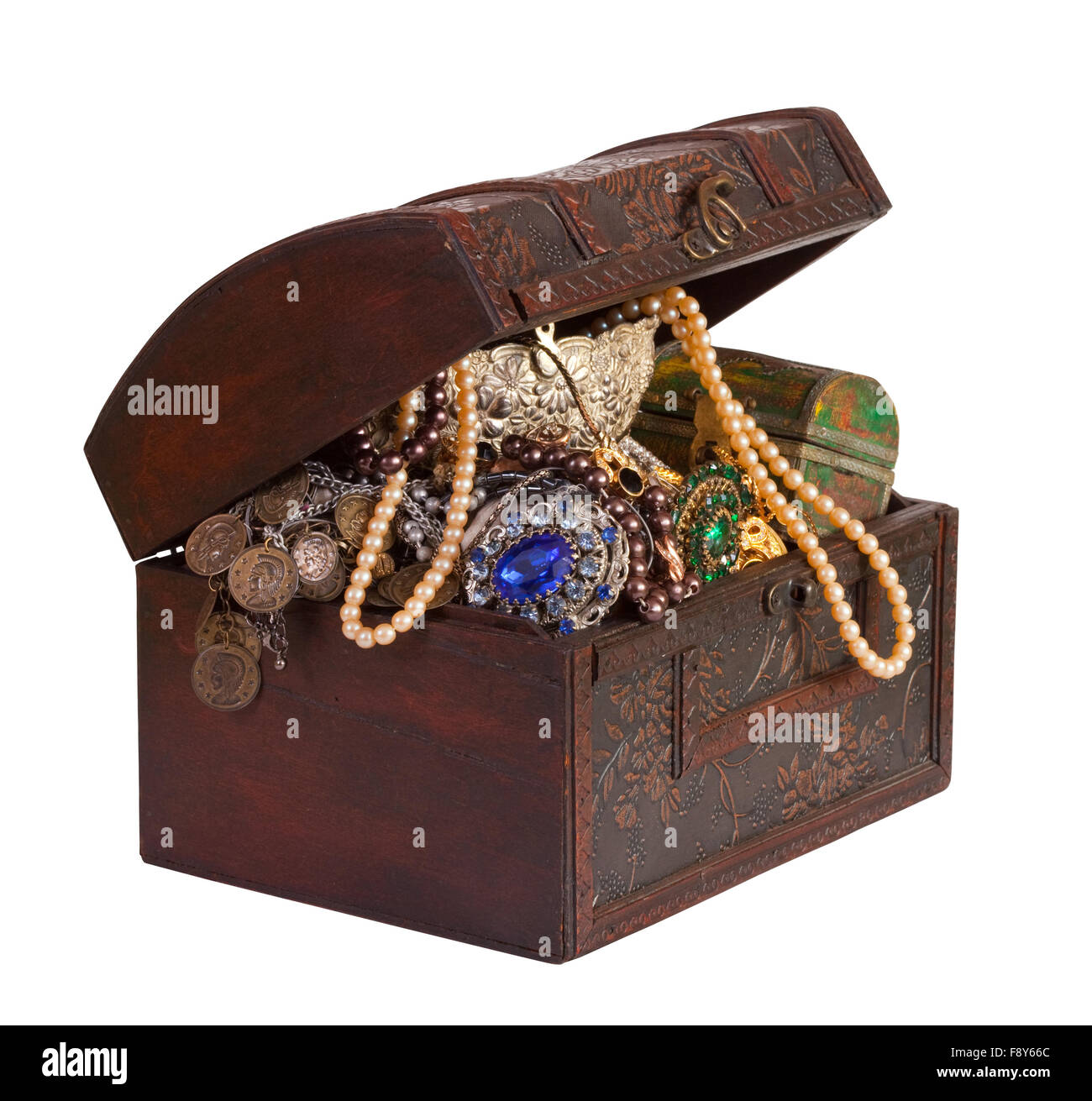 wooden treasure chest with valuables, isolated over white background