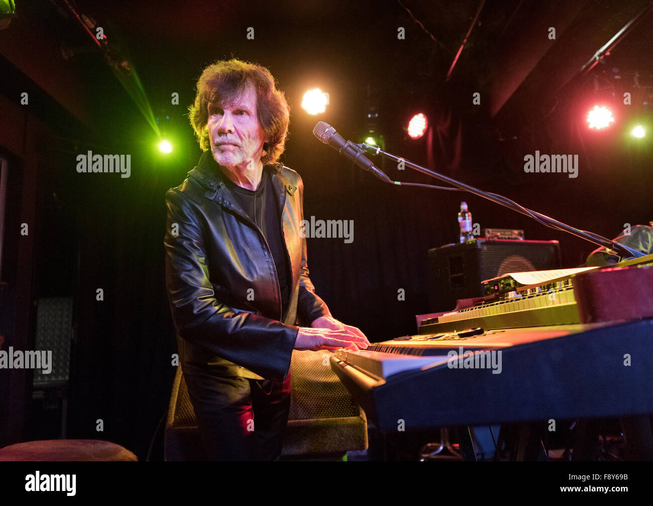 Rock band The Zombies in concert at Manchester Academy, 9th December 2015. Founder member Rod Argent on keyboards. Stock Photo