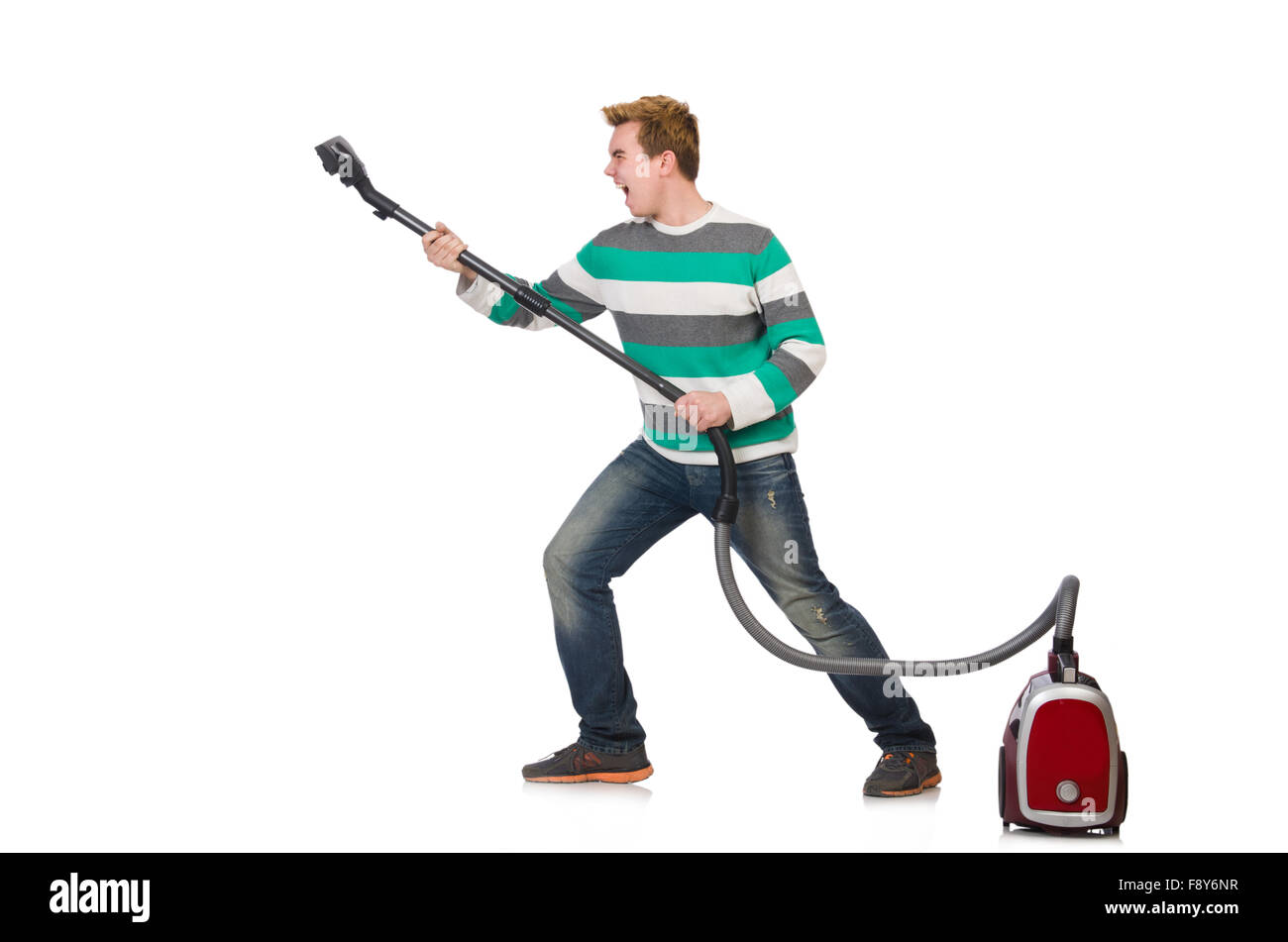 Funny man with vacuum cleaner on white Stock Photo Alamy