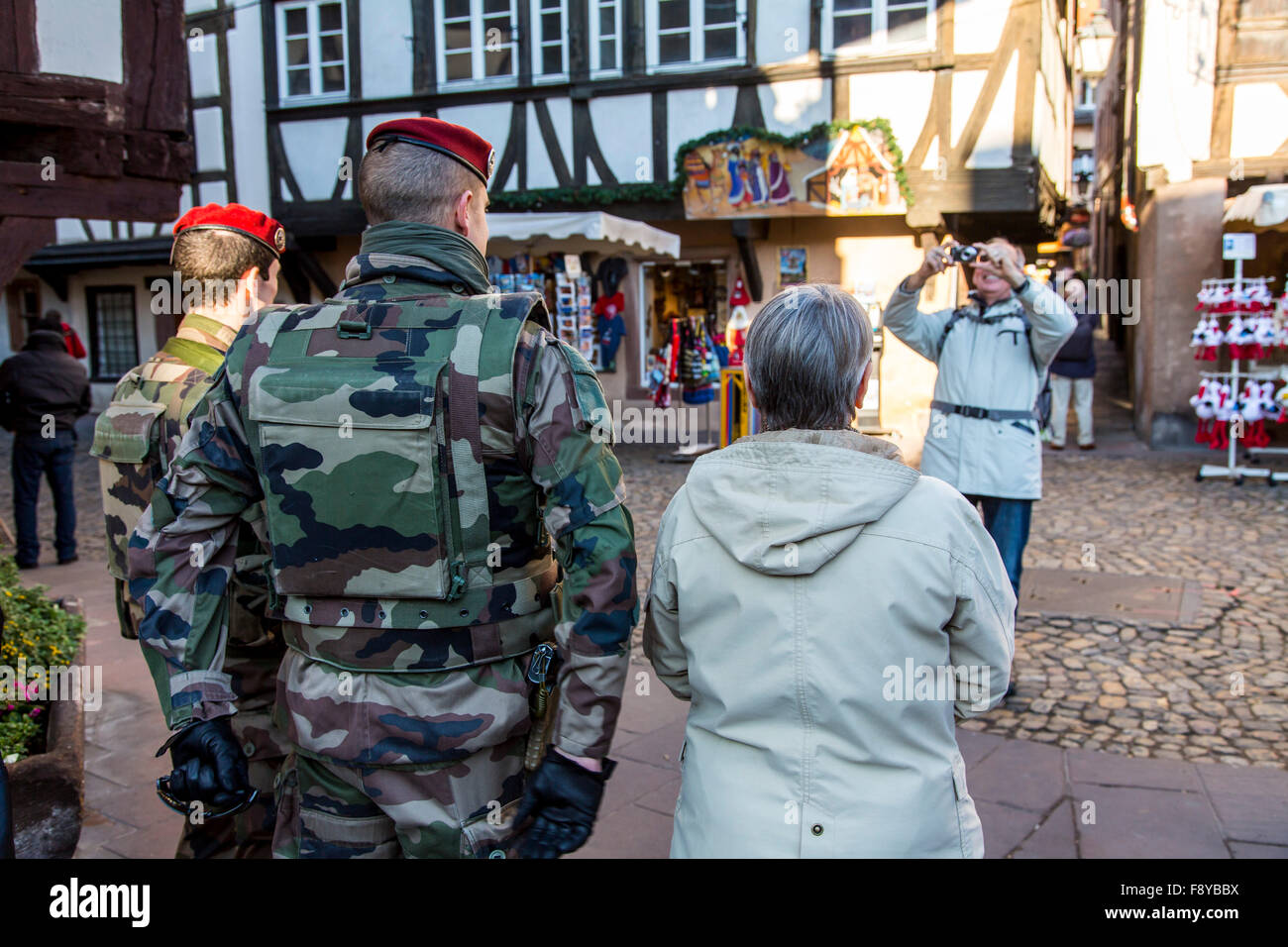 French security forces patrol the city of Strasbourg, after a terrorism alert, soldiers of French army , old town,  tourists, Stock Photo