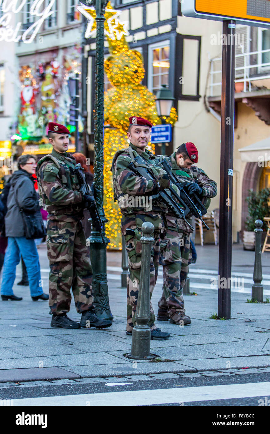 French security forces patrol the city of Strasbourg, after a terrorism alert, soldiers of French army , old town, Stock Photo