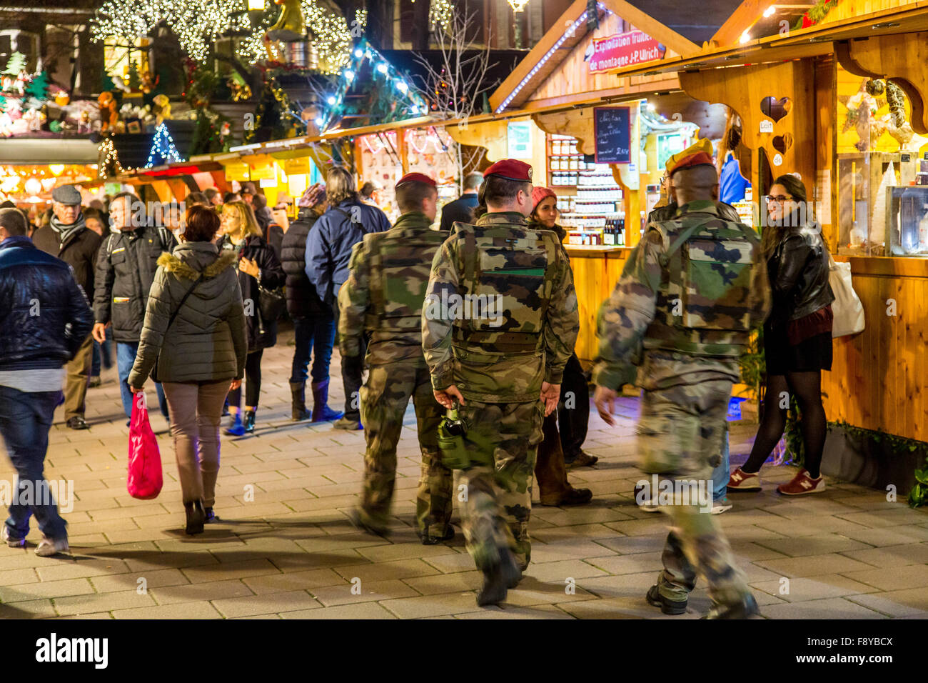 French security forces patrol the city of Strasbourg, after a terrorism alert, soldiers of French army , old town, Stock Photo