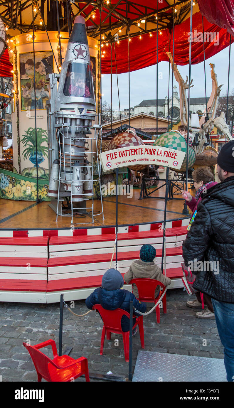 Christmas market in Brussels, Belgium, old fashioned carousel, Stock Photo