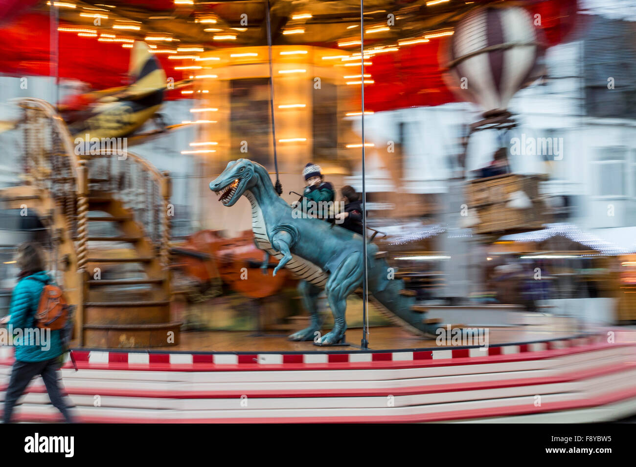 Christmas market in Brussels, Belgium, old fashioned carousel, Stock Photo