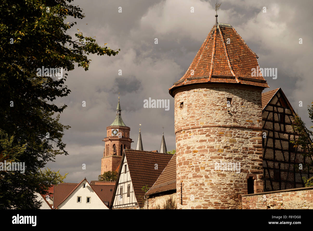City wall tower and City Church St. Peter and Paul in Weil der Stadt, Boeblingen, Baden-Wuerttemberg, Germany Stock Photo