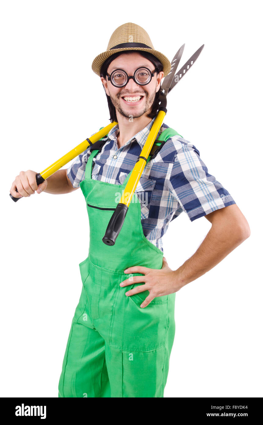 Funny gardener with shears isolated on white Stock Photo - Alamy, image size:861x1390