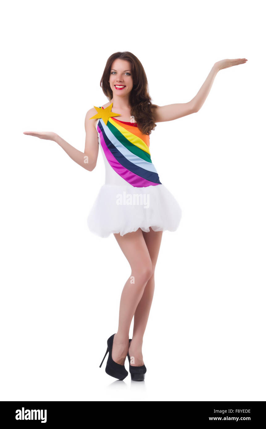 Pretty girl in colorful dress isolated on white Stock Photo - Alamy