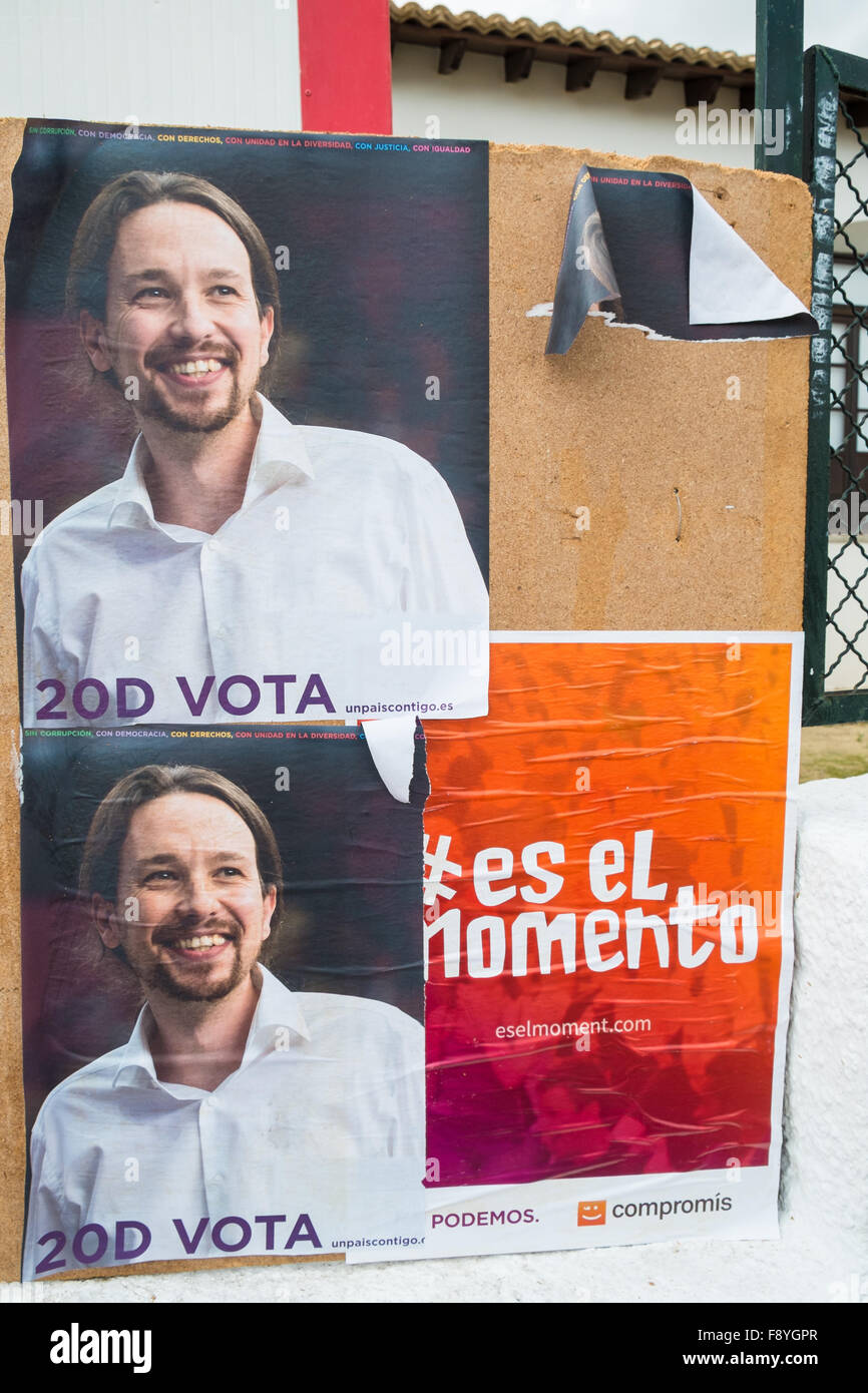 Alicante, Spain. 11th December, 2015. Political campaign posters depicting Pablo Iglesias, the upcoming left wing oppostion leader Credit:  Olaf Speier/Alamy Live News Stock Photo