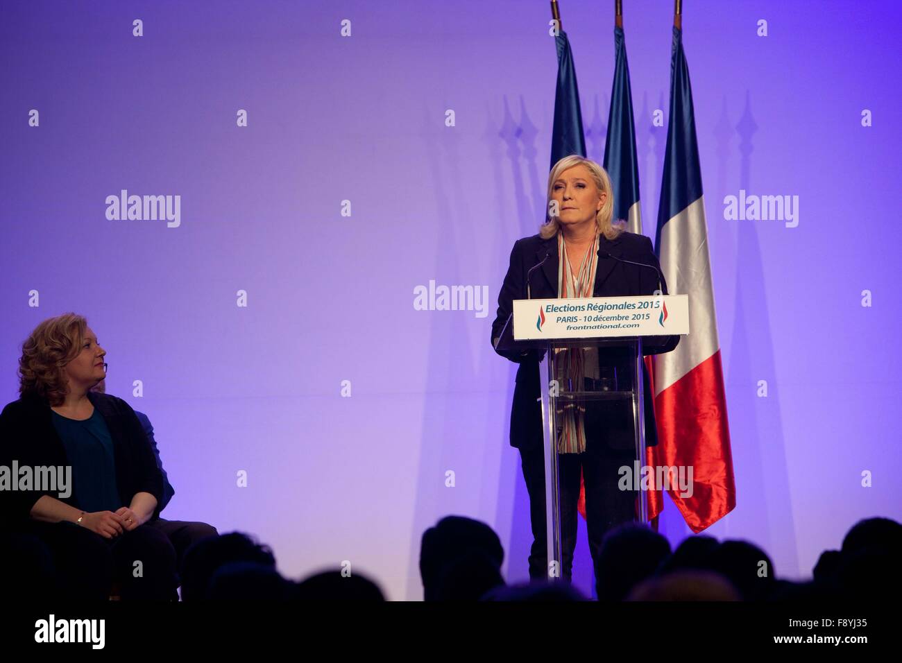 Paris, France. 10th December, 2015. Marine Le Pen, FN, Front National, political meeting, Paris, France, right wing. Marine Le Pen is a French politician who is the president of the National Front, the third-largest political party in France in 2011, the largest party in 2014 and one of the main political forces Credit:  Ania Freindorf/Alamy Live News Stock Photo