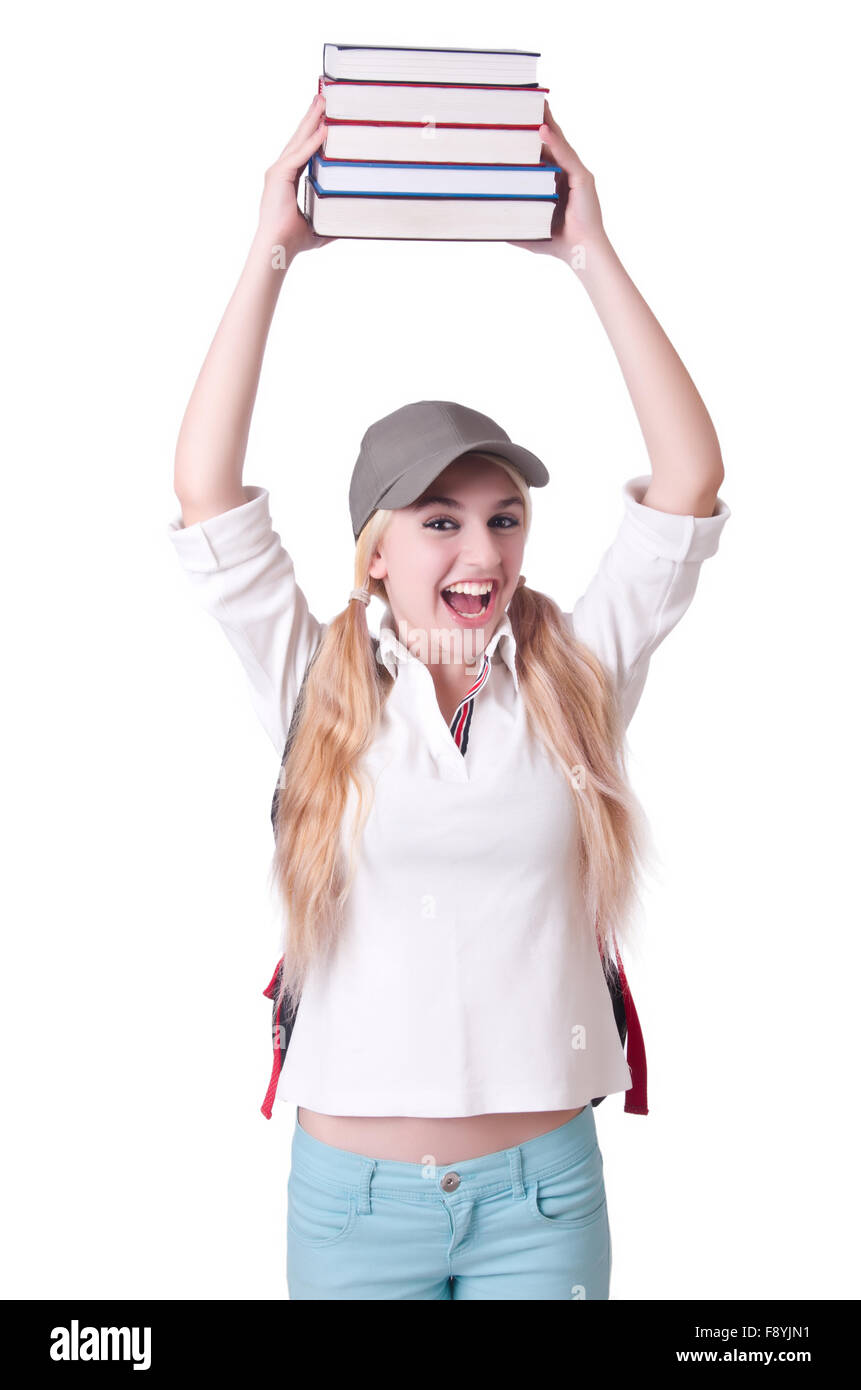 Girl student with books on white Stock Photo - Alamy