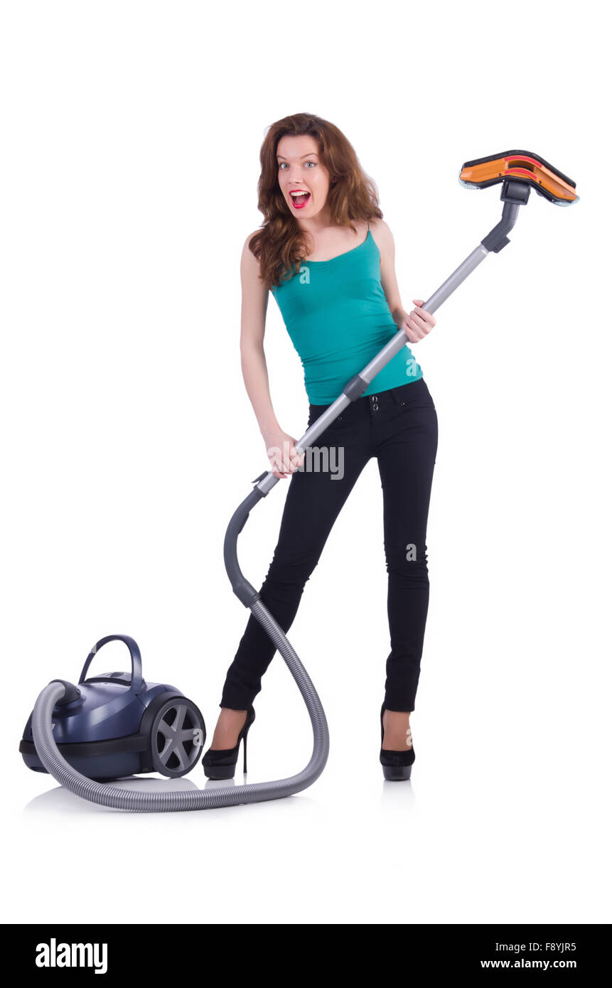Young woman with vacuum cleaner on white Stock Photo - Alamy