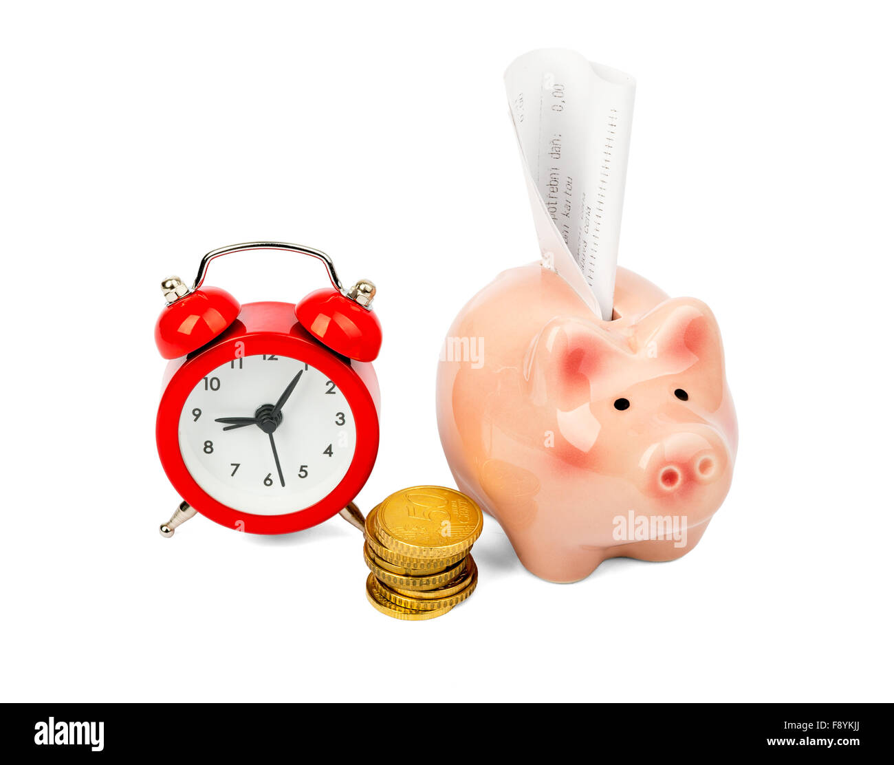 Piggy bank with coins and alarm clock Stock Photo - Alamy
