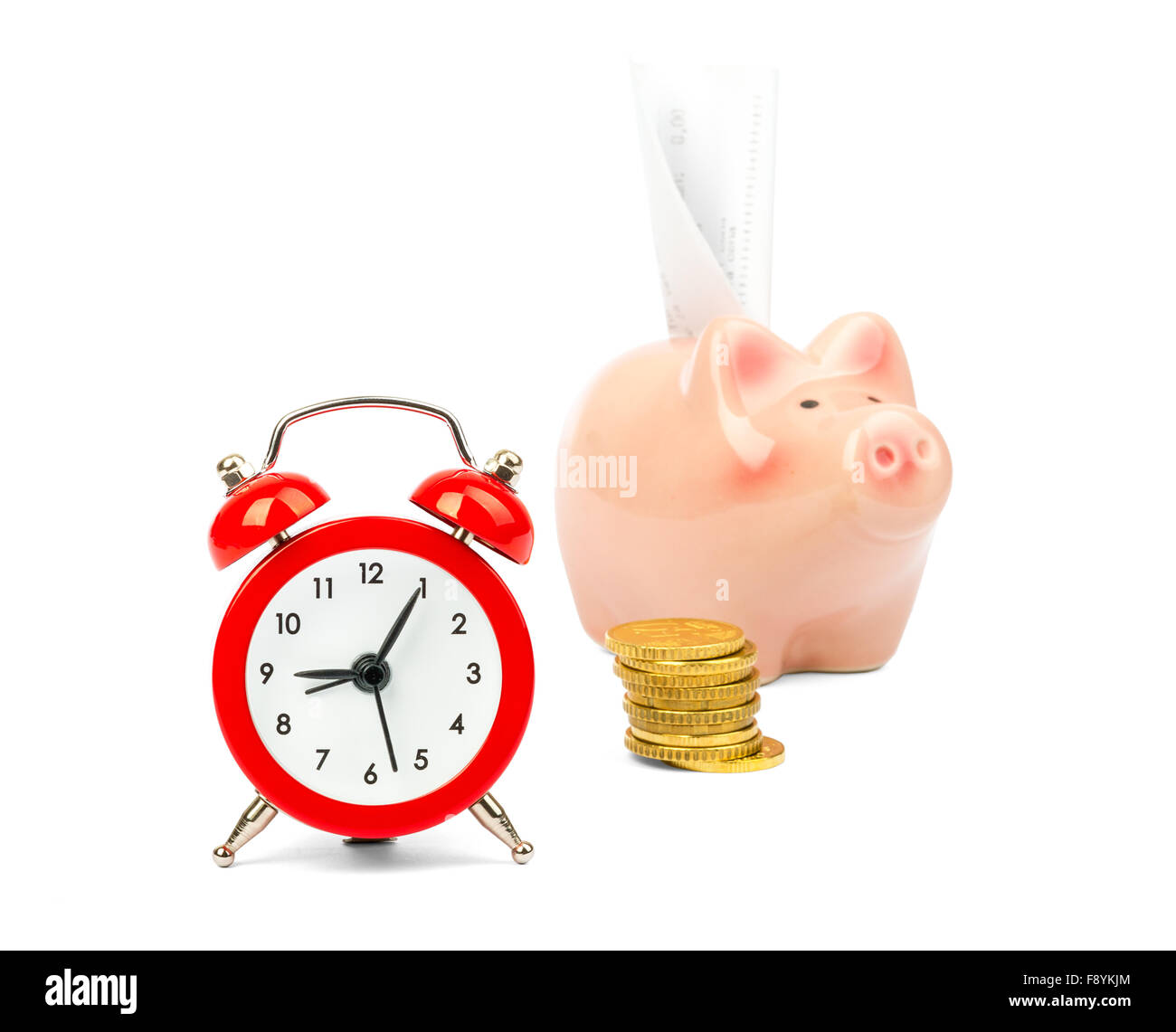 Piggy bank with coins and alarm clock on white Stock Photo - Alamy