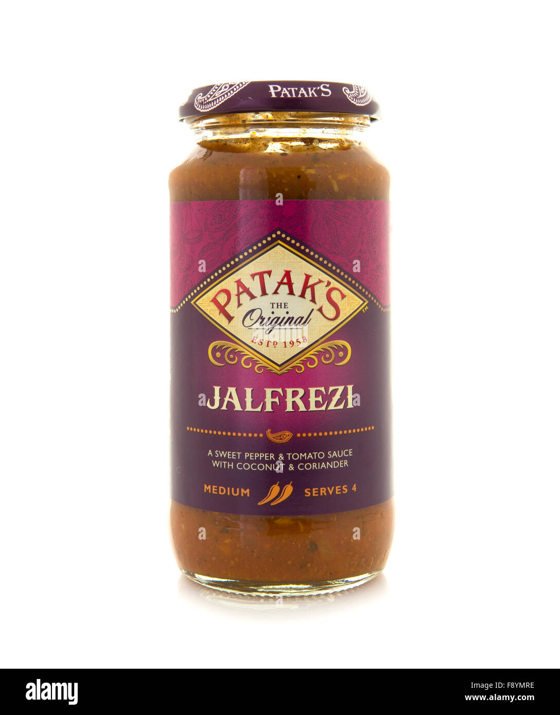 Jar of Pataks Jalfrezi Original Curry Sauce on a white background Stock Photo