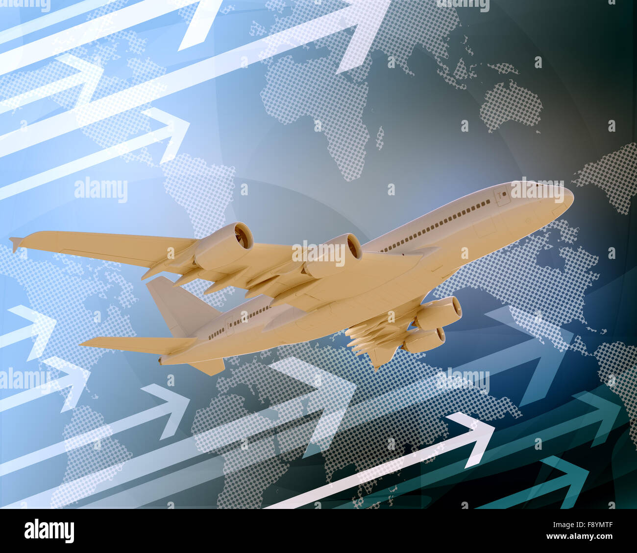 Jet with world map and arrows Stock Photo - Alamy