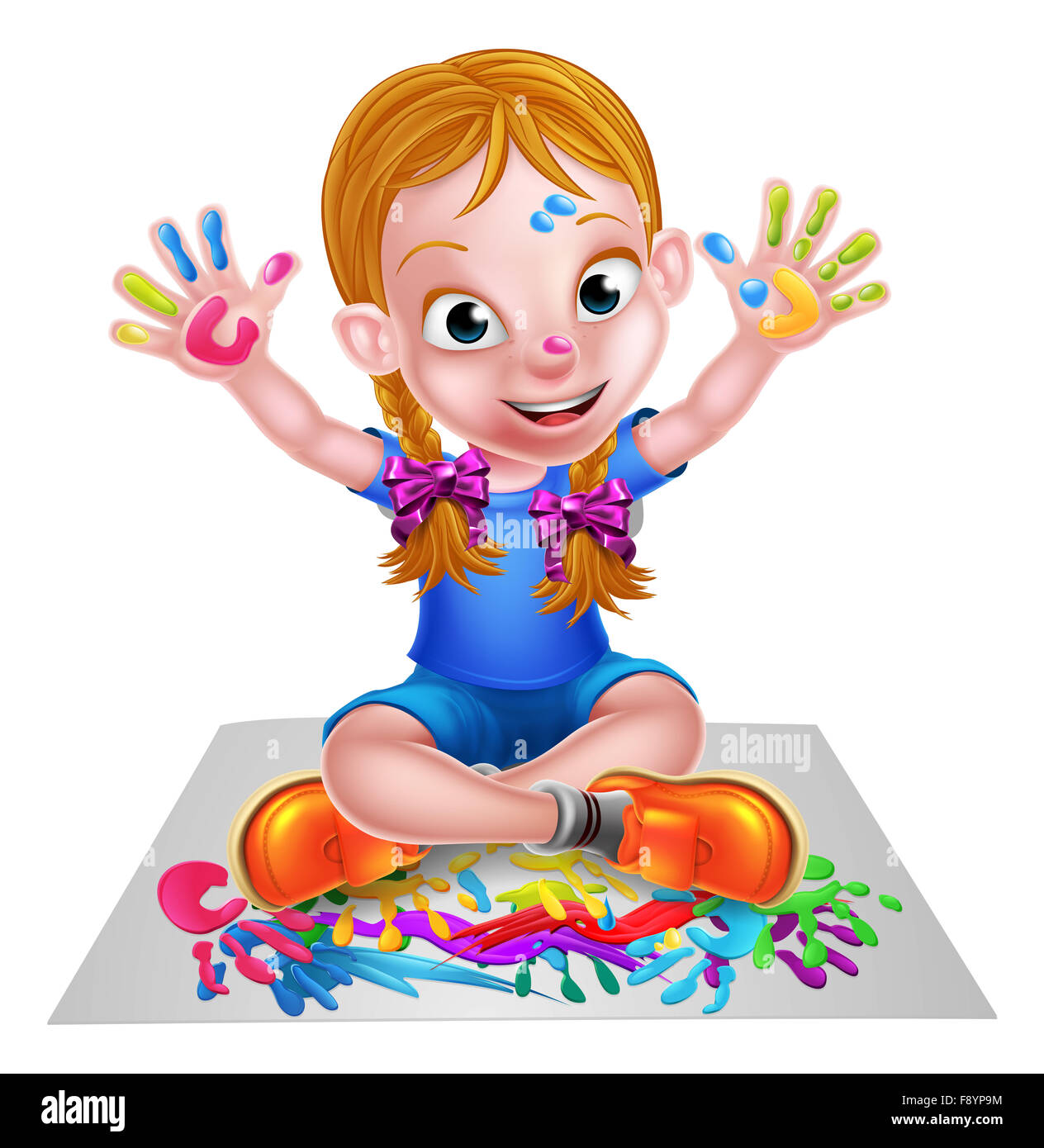 A happy cartoon little girl enjoying being creative having messy play with paint Stock Photo